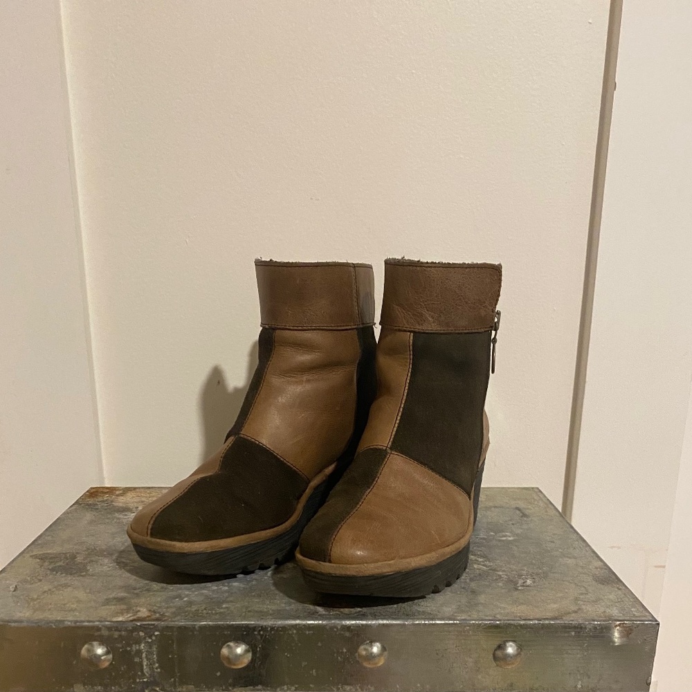 Fly London Yime Patchwork Leather and Suede Bootie